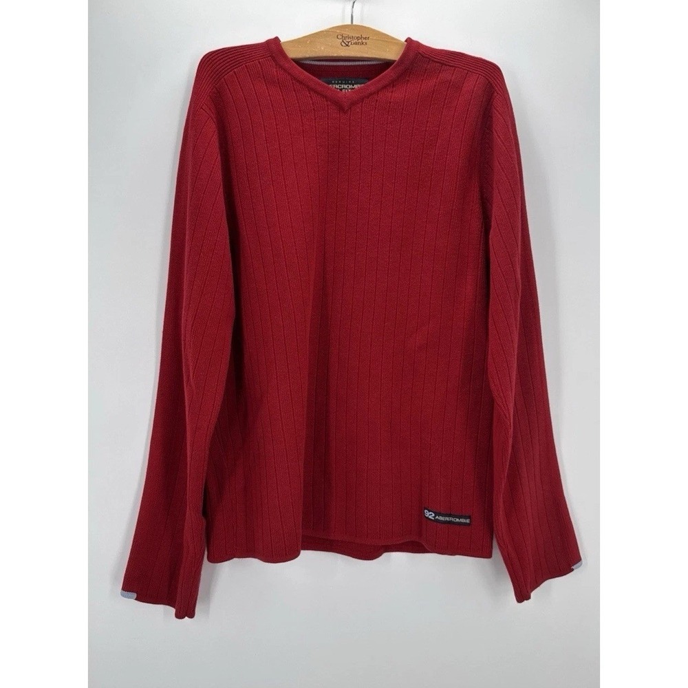 Abercrombie and Fitch Mens Red Ribbed V-Neck Sweater Long Sleeve Y2K Preppy 92